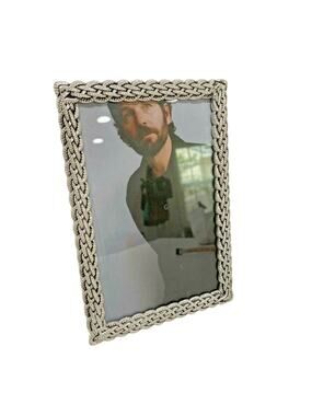 Ornate standing picture frame woven silver tone textured braided holder 4" x 6"
